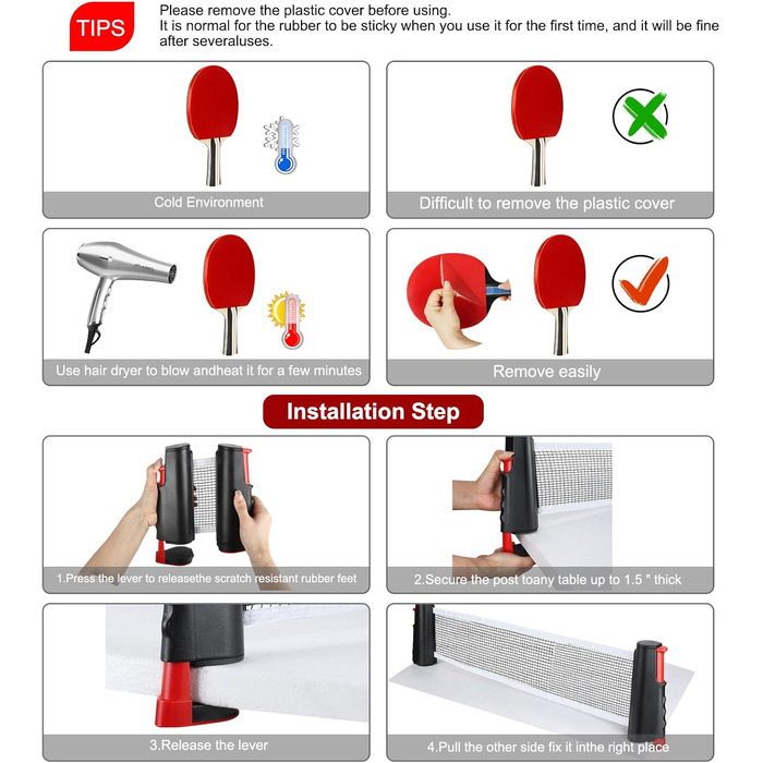 Набір для настільного тенісу KIMIGO: 2 ракетки, 6 м'ячів, сітка та сумка. Підходить для початківців та досвідчених гравців, для гри в приміщенні та на вулиці.