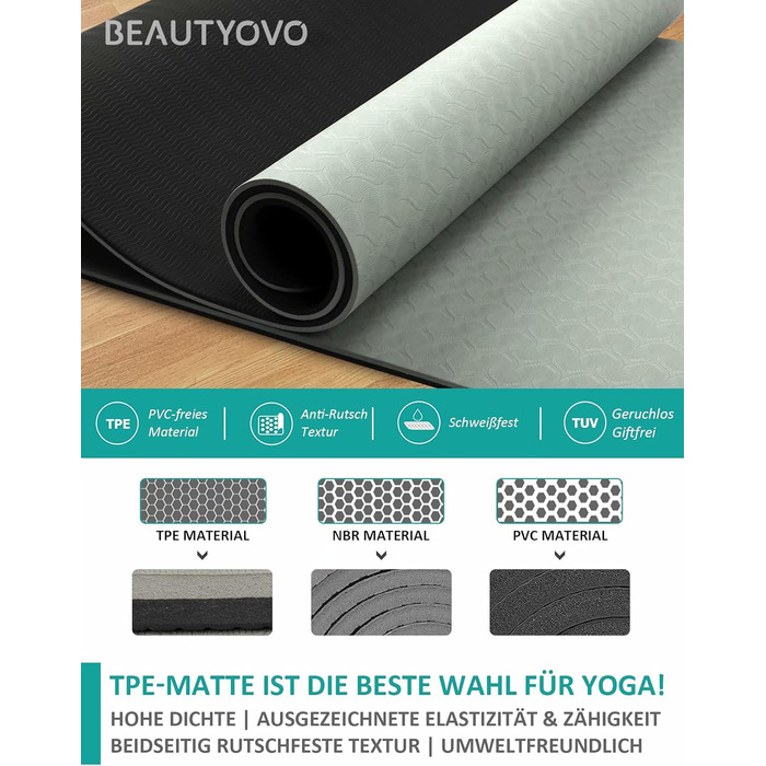 Килимок для йоги з неслизьким покриттям та ручкою, 6|8 мм товщина, фітнес килимок для занять спортом вдома та на вулиці, чорний та сірий