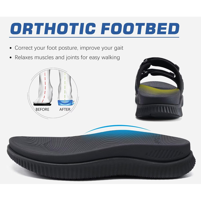 Чоловічі спортивні сандалі KuaiLu з м'якою устілкою, ортопедичні для фасціїту, для активного відпочинку та походів, легкі, відкриті, з регульованою застібкою-липучкою, чорні, 45 EU