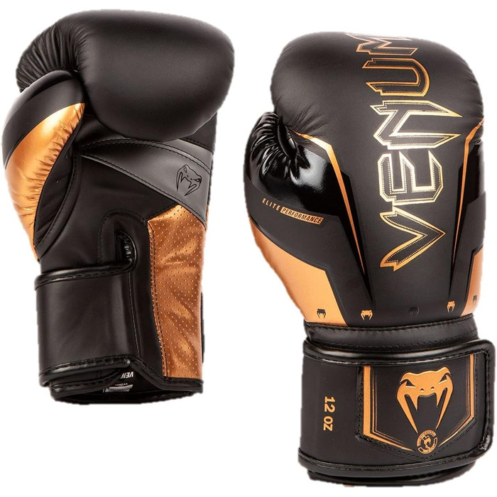 Боксерські рукавички Venum Elite Evo чорного та бронзового кольорів, 14 Oz