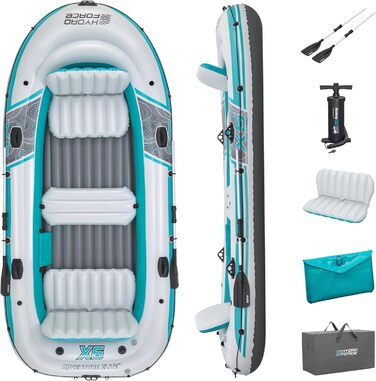 Надувний човен Bestway Hydro-Force Adventure Elite X5, 5-місний, з насосом, веслами, сидіннями, сумкою для спорядження, 364x166x45 см, бірюзово-сірий