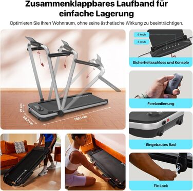 Електричний біговий тренажер Mobvoi Home Laufband SE з AI, 2.5 PS, 12 км/год, компактний, складний, з пультом, для дому, сумісний з TicSports APP, до 120 кг, срібний