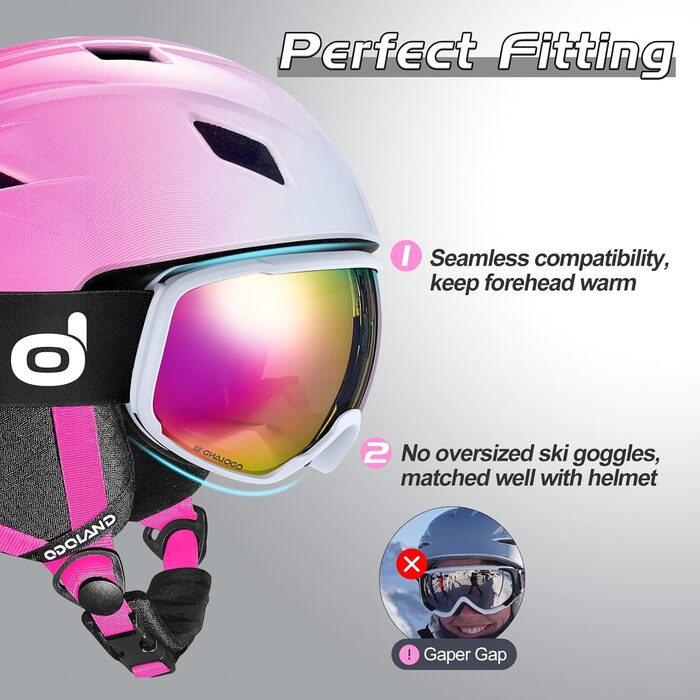 Шолом та маска для гірськолижного спорту Odoland: комплект для жінок та чоловіків, захист UV 400, стійкість до вітру, градієнт рожевого кольору, розмір M (55-59 см)
