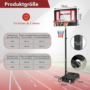 Стійка для баскетболу COSTWAY, 90-210 см, регульована висота, з кошиком та колесами, мобільна, для дітей та підлітків, внутрішнє та зовнішнє використання, червона