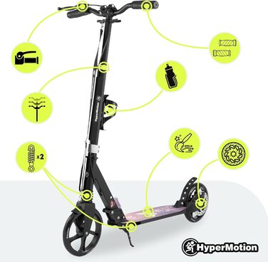 Самокат дитячий та підлітковий HyperMotion Vibe алюмінієвий, до 100 кг, складний, регульована висота керма, колеса 200 мм, ABEC-7 (Чорний з рожевим)