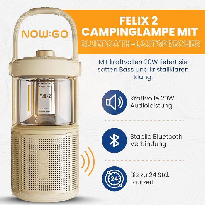 Ліхтар кемпінговий LED Felix 2 з Bluetooth колонкою, акумуляторний, 360° світло, 20W, IPX7, 24 год, USB, пісочний