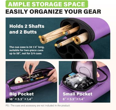 Чохол для більярдних київ: містка сумка для 2 київ з аксесуарами, фіолетовий колір, до 58 дюймів