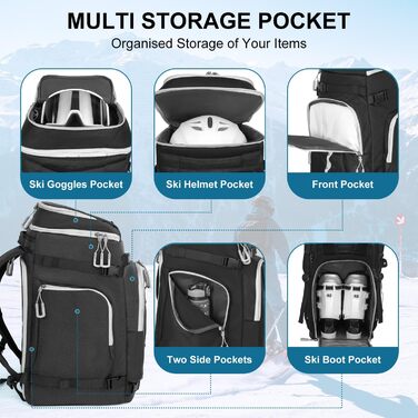Чохол для лижних черевиків з відділенням для шолома, 65L туристичний рюкзак для лиж, водонепроникний мішок для лиж, сноуборду, лижного спорядження (чорний)