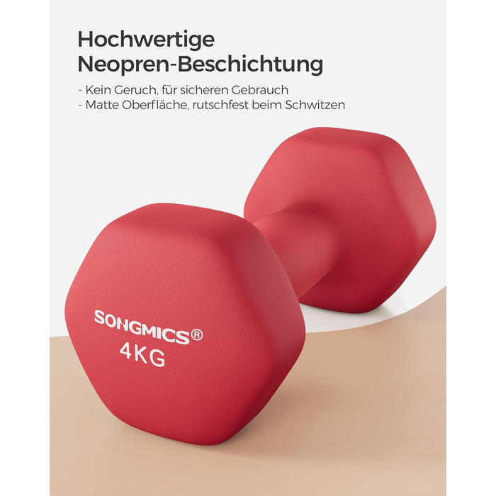 Гантелі SONGMICS 2×4 кг, шестигранні, неопрено́ві, набір для силових тренувань вдома, рубіново-червоні