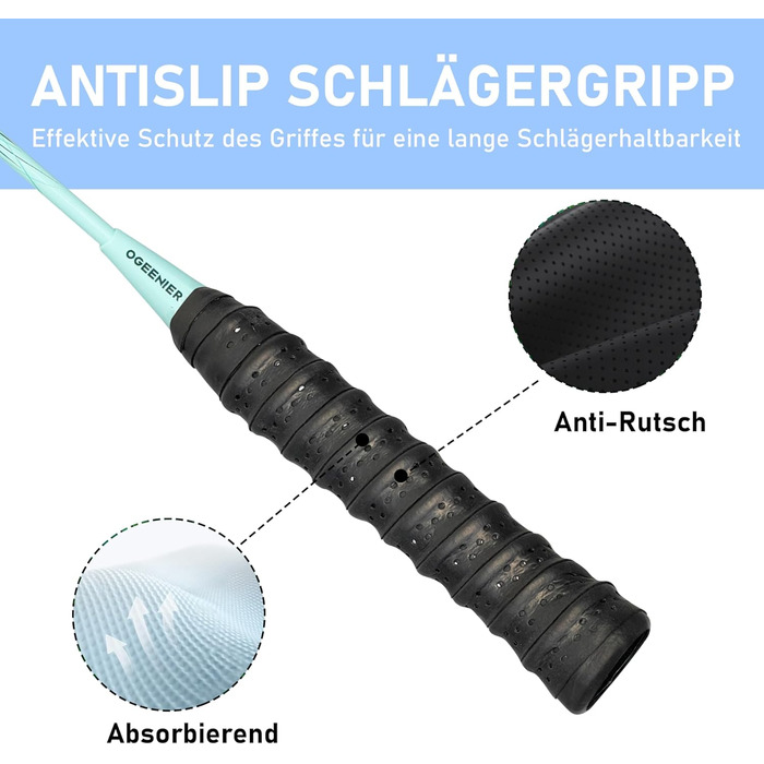 Набір для бадмінтона OGEENIER: 2 ракетки, 2 ручки, 2 волани, 1 ракетка з сумкою (зелений, 3 1/4 дюйма)