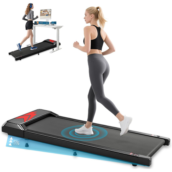 Біговий доріжка Romon для дому, Walking Pad з нахилом, компактний, подвійна амортизація до 120 кг, 2-6 км/год з LED-дисплеєм та Bluetooth APP, портативний, без монтажу, фітнес-обладнання для дому та офісу