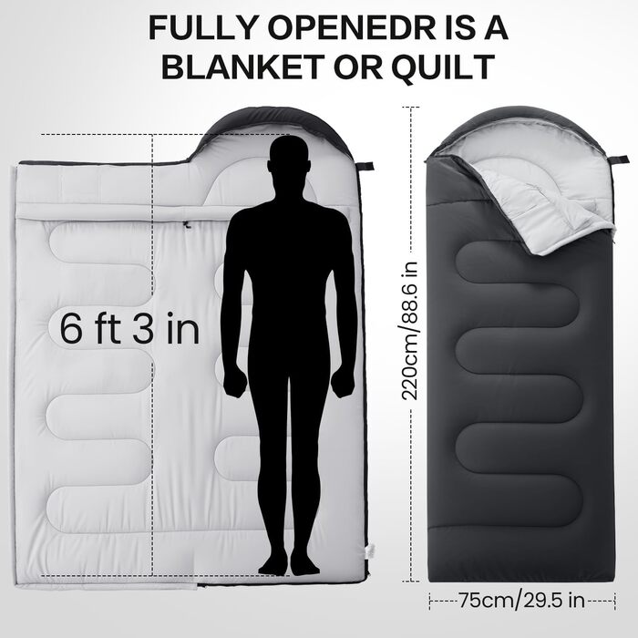 Спальний мішок 3-4 сезони: теплий, легкий, водонепроникний, для дорослих та дітей. Підходить для кемпінгу, трекінгу, хайкінгу (M, темно-сірий)