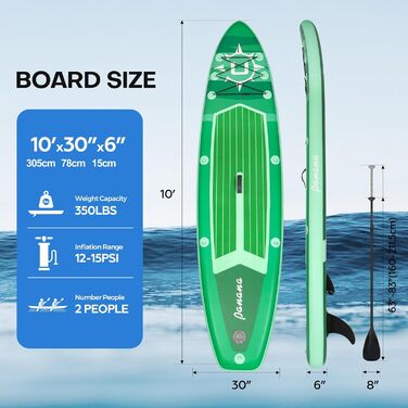 Надувне SUP-борд Panana з аксесуарами: комплект для веслування стоячи, регульоване весло, протиковзне покриття, 305x76x15 см, зелений