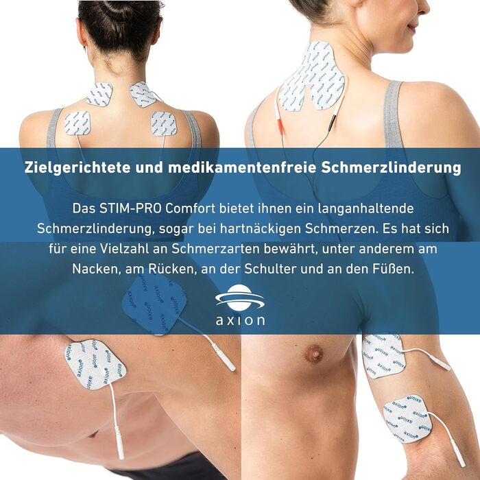 Пристрій TENS Axion STIM-PRO Comfort для терапії болю - 4 електродні накладки 5x5 см | Апарат електростимуляції для зняття болю при артрозі, артриті, болях у шиї, спині, суглобах | Сертифікований медичний продукт