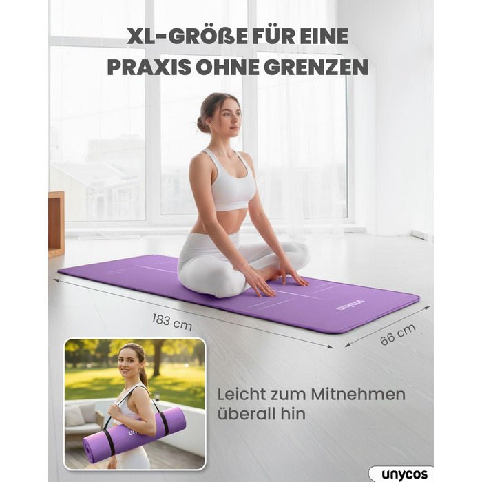 Килимок для йоги Unycos: антиковзаюча поверхня, висока щільність 6/10/15 мм, з сумкою, для пілатесу та фітнесу, колір ліловий, розмір 183*66*1 см.