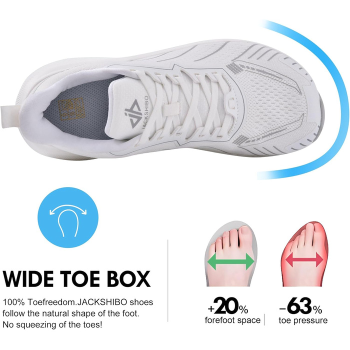 Чоловічі кросівки JACKSHIBO з широкою передньою частиною та підтримкою склепіння стопи. Підходять для бігу, ходьби, тенісу та занять спортом. Ортопедичне взуття для плоскостопості, без каблука, з товстою підошвою. Розмір 42.5 EU, білий колір.