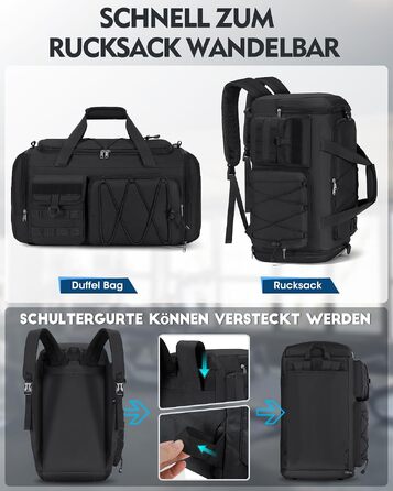 Спортивна сумка RAINSMORE 45L 3-в-1 для фітнесу та подорожей, водонепроникна дорожня сумка з відділенням для взуття та мокрих речей, чорна