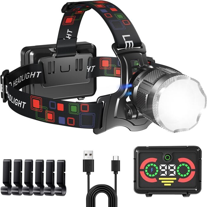 Налобний ліхтар LED акумуляторний, супер яскравий 100000 лм, з датчиком, 9000 мАг, 5 режимів, IP65 водонепроникний, регульований на 90°, для кемпінгу, риболовлі та активного відпочинку