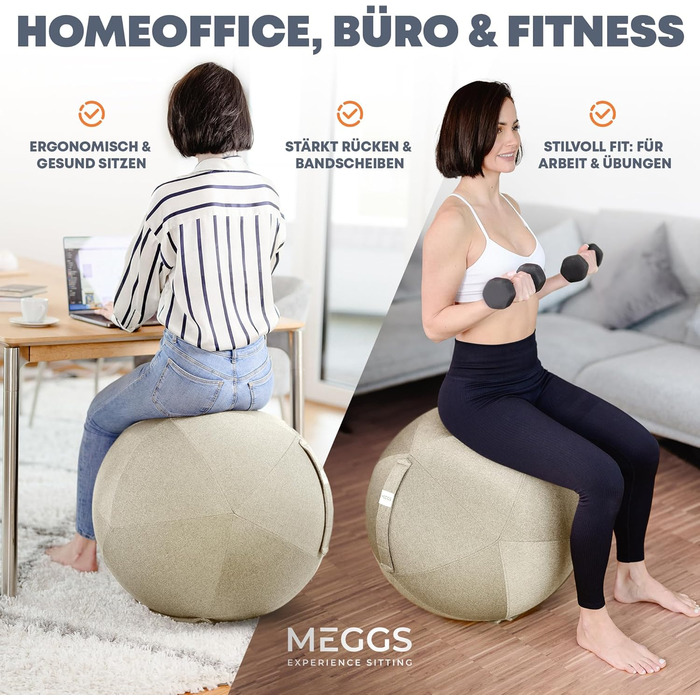 Стілець-м'яч MEGGS® 65 см: ергономічний, для офісу та дому, з антиковзким покриттям, для вагітних, знімний чохол, перламутрово-бежевий