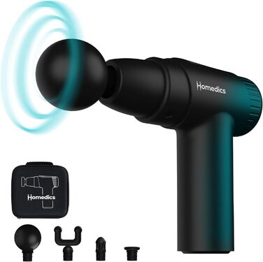 Масажний пістолет Homedics NOVO Mini, електричний, 4 насадки, 6 рівнів інтенсивності, для розслаблення м'язів, чорний