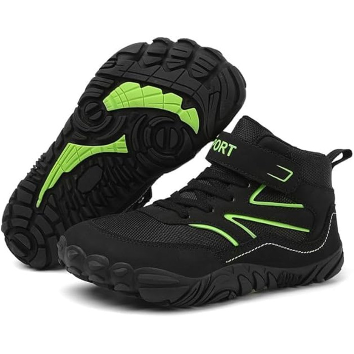 Дитячі черевики Barefoot для хлопчиків та дівчаток, туристичні черевики для дітей з підошвою Zero Drop та широким носком, легкі черевики для ходьби босоніж, антиковзаючі, дихаючі, розміри 28-37 EU, чорний колір, 32 EU