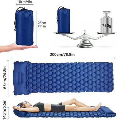 Надувна ізольована матрац Zodight Isomatte Outdoor для кемпінгу та відпочинку на природі, 200 см, блакитний
