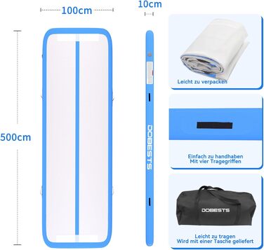 Гімнастичний надувний мат DOBESTS Airtrack Matte, 300x100x10 см, блакитна. Килимок для акробатики, йоги, фітнесу, тренувань вдома та на вулиці. З сумкою для перенесення та насосом.