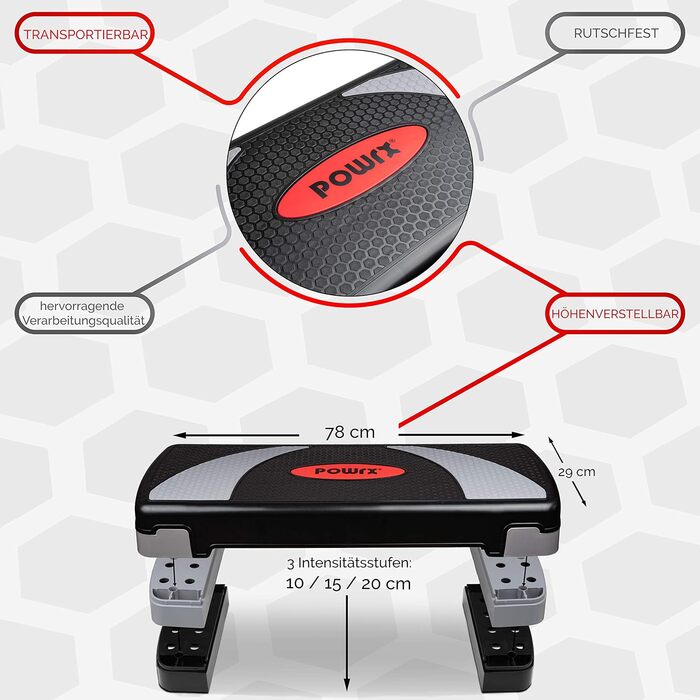 Степ-платформа POWRX XL Premium: 3 рівні, регулювання висоти, для дому, фітнес, степер, гімнастика, аеробіка