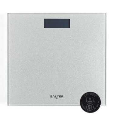 Salter 9037 срібляста гліттерна електронна вага для ванної, скляна платформа, цифрова вага для людей, максимальна вага 180 кг, миттєве зчитування, преміум якість