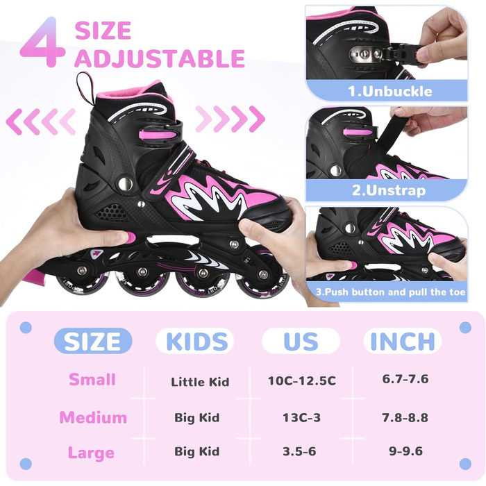 Роликові ковзани TOMSHOO з регульованим розміром, LED-колесами, для дітей та дорослих (рожеві, L (37-39 EU))