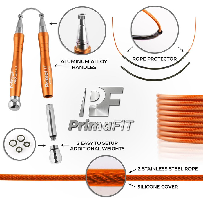 PrimaFIT Стрибкове канат для фітнесу та боксу: 3м, регульований, з вагами, 2 підшипники, антиковзні ручки, для MMA, Crossfit, та фітнесу (Помаранчевий)
