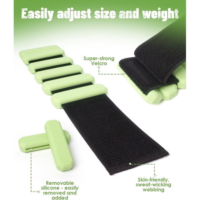 Регульовані вантажні манжети для зап'ястя (2 шт, по 0,45 кг), довговічні, портативні, для йоги, танців, пілатесу, кардіо, аеробіки, ходьби, зелені