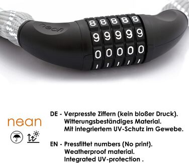 Надійне велозамок Nean з кодом, 6x6x900 мм, сталевий ланцюг, тканинне покриття, висока безпека