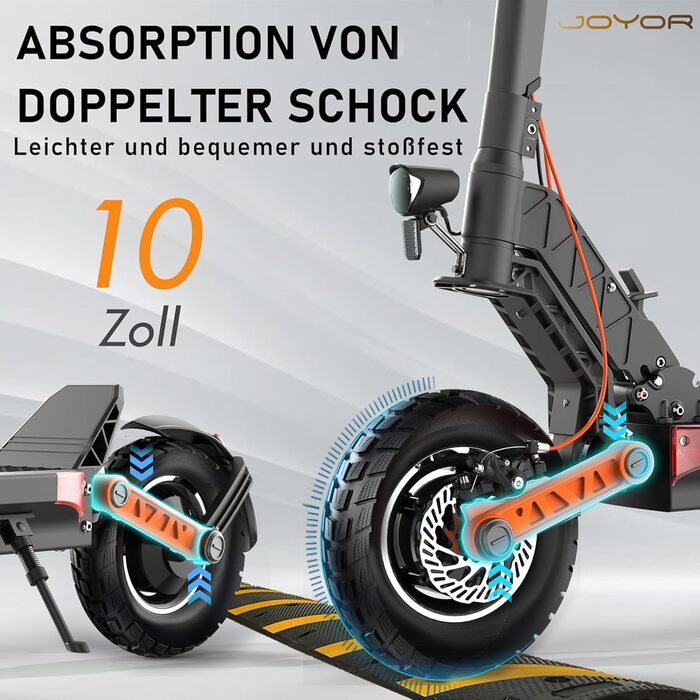 Електросамокат JOYOR S-Серія 48/60V 26/18Ah, запас ходу 40-85 км, механічна/гідравлічна гальмівна система, подвійна амортизація, складаний, 10-дюймові колеса, модель S10S