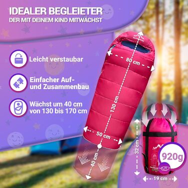 Дитячий спальний мішок Alpenwert® для літа – росте разом з дитиною! [130–170см] – Вага 920г, компактний [32×19см] – Ідеально для кемпінгу, фестивалів, відпочинку на природі – спальний мішок-кокон для дітей від 6 років, рожевий/світло-блакитний