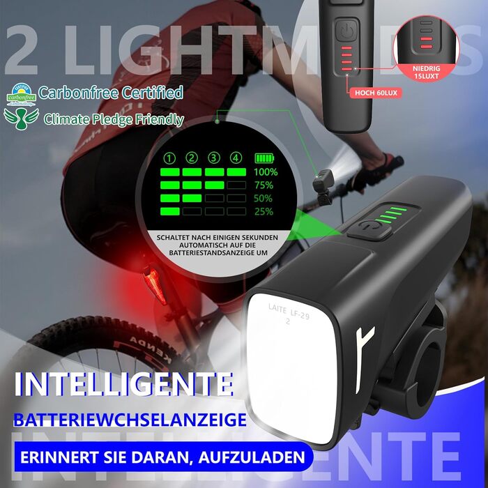 Набір переднього та заднього велоліхтаря USB-C, сертифікований StVZO, водонепроникний IPX5, 60 LUX