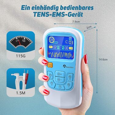 Пристрій TENS для терапії болю, EMS, 2 канали, 25 режимів, 50 рівнів інтенсивності, 10 електродів (синій)