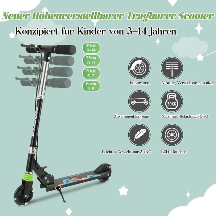 Дитячий самокат TENBOOM з LED-колесами, складаний, 2 колеса, для дітей від 3 років, регульована висота, для дівчаток і хлопчиків