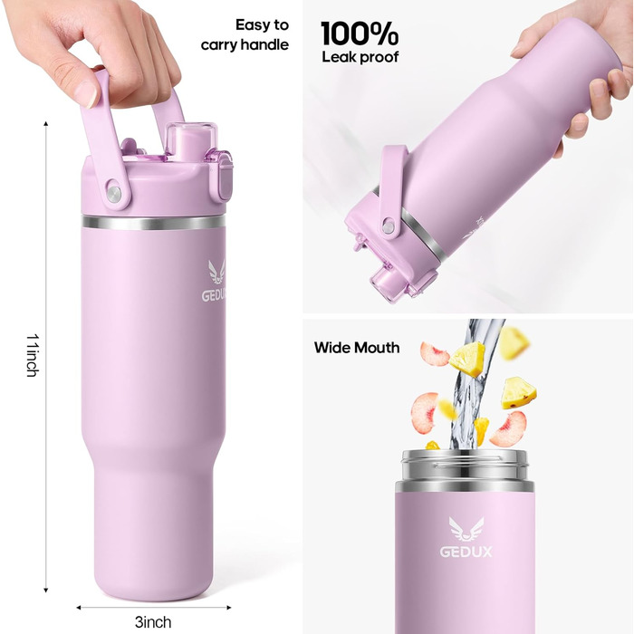 Спортивна термобутилка GEDUX IceFlow Flip Straw 1 л з трубочкою, зберігає холод понад 12 годин, герметична, BPA Free, для води, для спорту, придатна для миття в посудомийній машині, світло-фіолетова