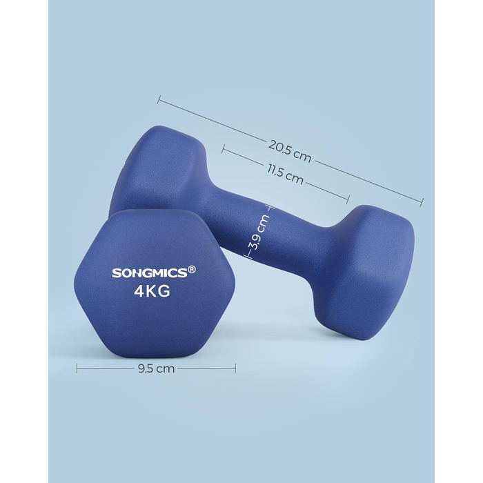 Гантелі SONGMICS 2×4 кг, шестигранні, неопрено-обробка, для силових тренувань вдома, сині