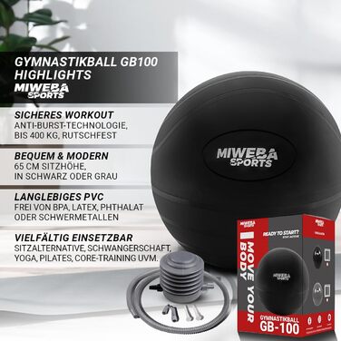 Гімнастичний м’яч Miweba Sports GB-100, 65 см, до 400 кг, чорний, PVC, ергономічний фітнесбол для тренувань, офісу та сидіння