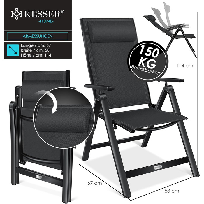 Крісло садове KESSER® з високою спинкою та підлокітниками, алюмінієве, складне, з подушкою та чохлом, для кемпінгу, регульована спинка, дихаючий матеріал, вологостійке, чорне, 1 шт.