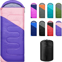 Спальний мішок Yarmiene 3-4 сезони, для дорослих та дітей, теплий та м'який, для кемпінгу та піших прогулянок (фіолетовий+рожевий)