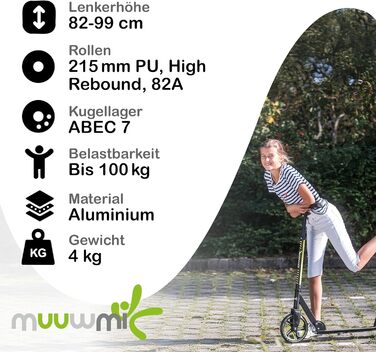 Скутер Muuwmi Pro з алюмінію – для дітей та дорослих, 215 мм, ABEC 7, регульована висота, блакитний, сертифікат GS