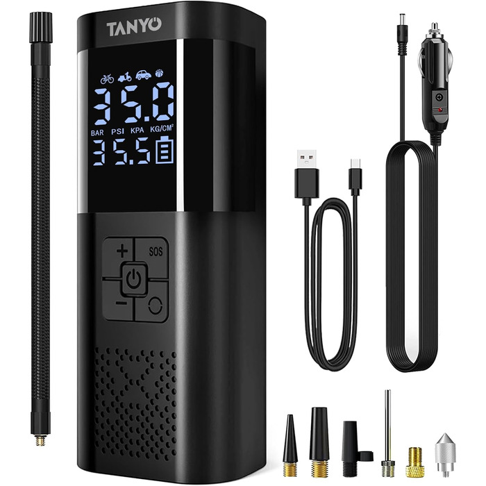 Електричний насос-компресор TANYO 150PSI для велосипедів, автомобілів, мотоциклів, м'ячів, портативний з манометром, акумулятором, USB-зарядкою і LED-підсвіткою
