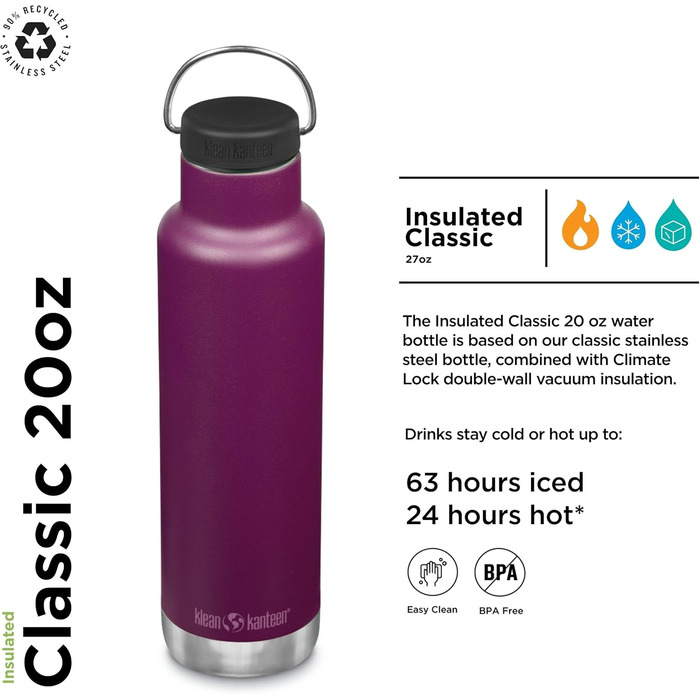 Пляшка Klean Kanteen Classic з петлею, нержавіюча сталь, фіолетова, 592 мл