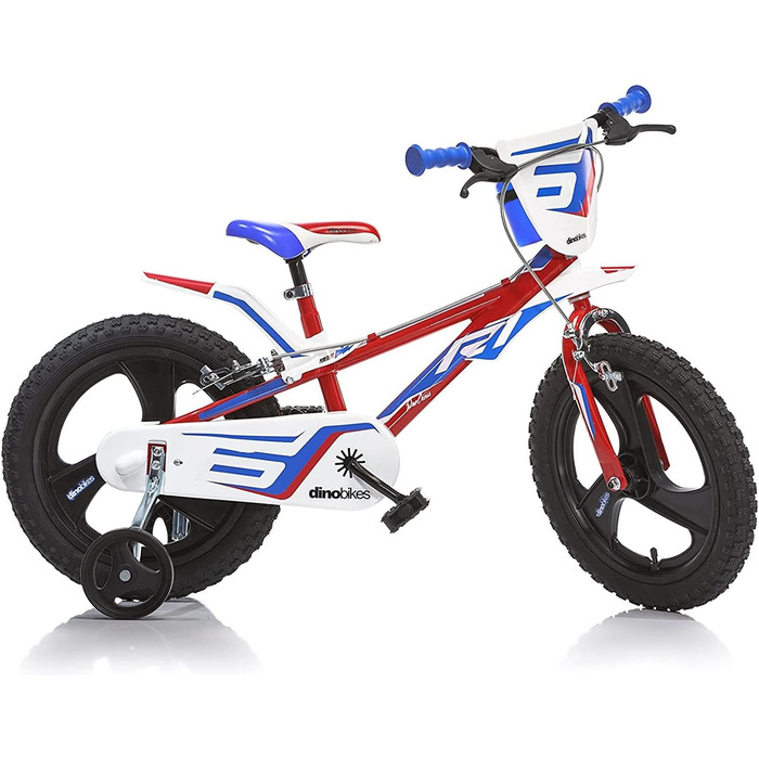 Дитячий велосипед Dino Bikes 14 дюймів для хлопчиків з ручними гальмами, допоміжними колесами, червоно-синьо-білий