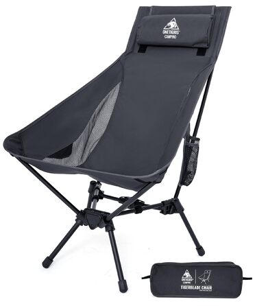 Стілець для кемпінгу OneTigris TIGERBLADE з високою спинкою, 170 кг, складаний, легкий, з трикутним каркасом, для риболовлі з 2 кишенями, для відпочинку на природі, піших прогулянок (сірий)