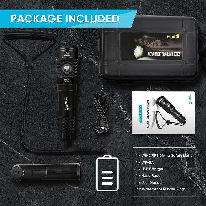 Водонепромісний ліхтар WINDFIRE Tauchschein для дайвінгу та снорклінгу, IPX8, 4 режими, індикатор заряду, перезаряджається