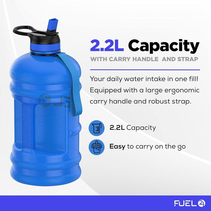 Спортивна пляшка для води Fuel24 Jug 2,2 л з трубочкою та кришкою, BPA-free, посилений гнучкий матеріал, велика ємність для залу та спорту